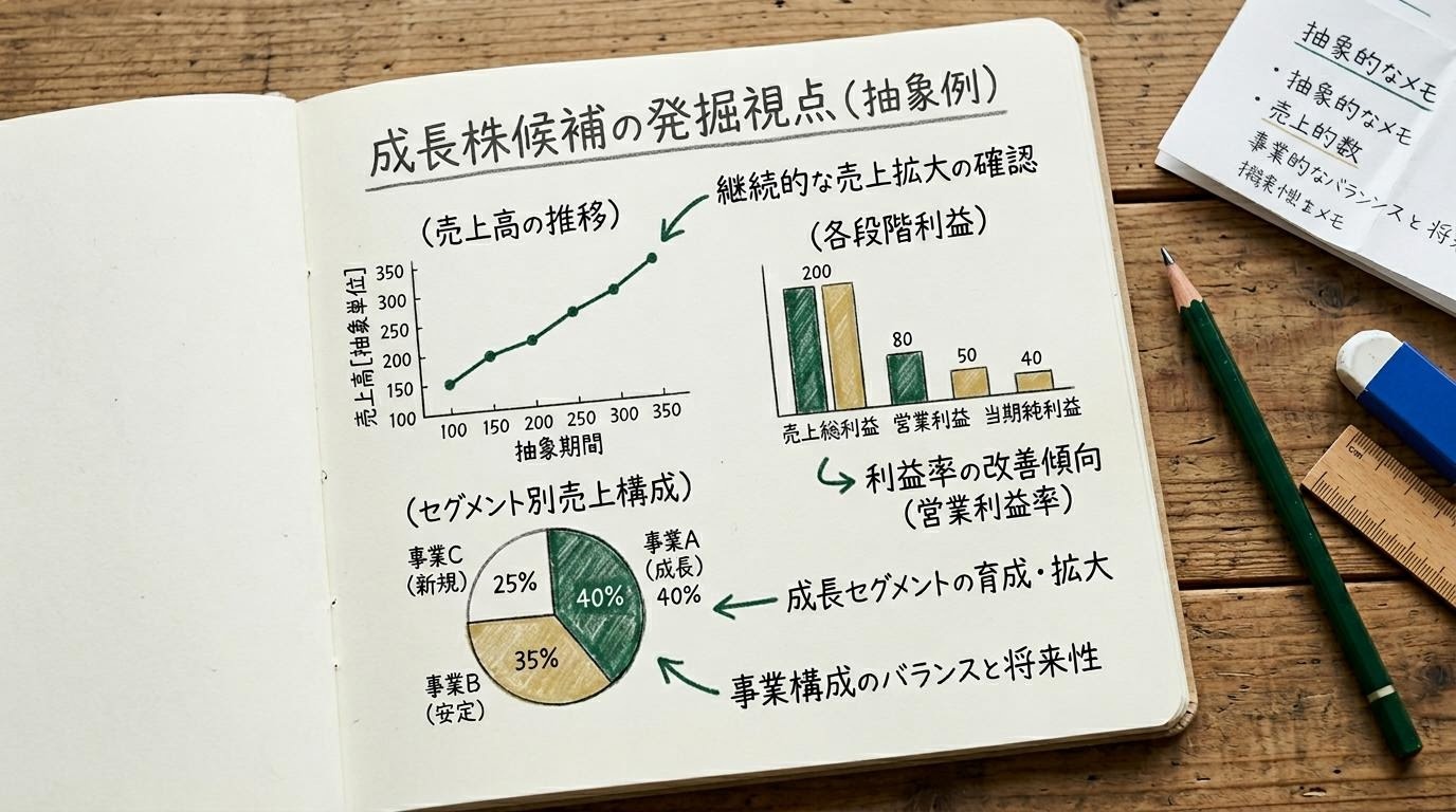 手書きの折れ線グラフとセグメント比率の円グラフをノートに書き込む様子