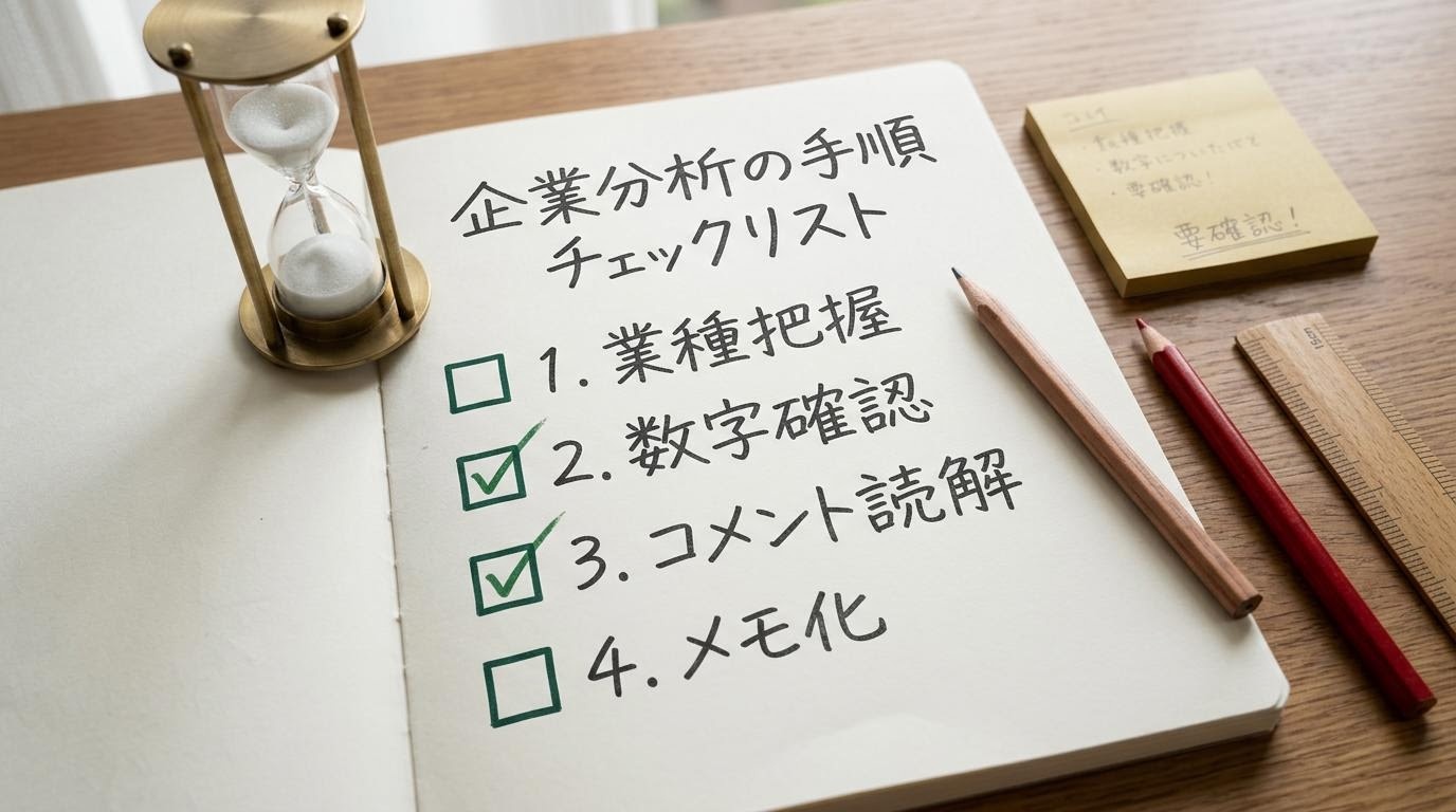 分析手順のチェックリストとタイマーをデスクに並べた編集作業の様子