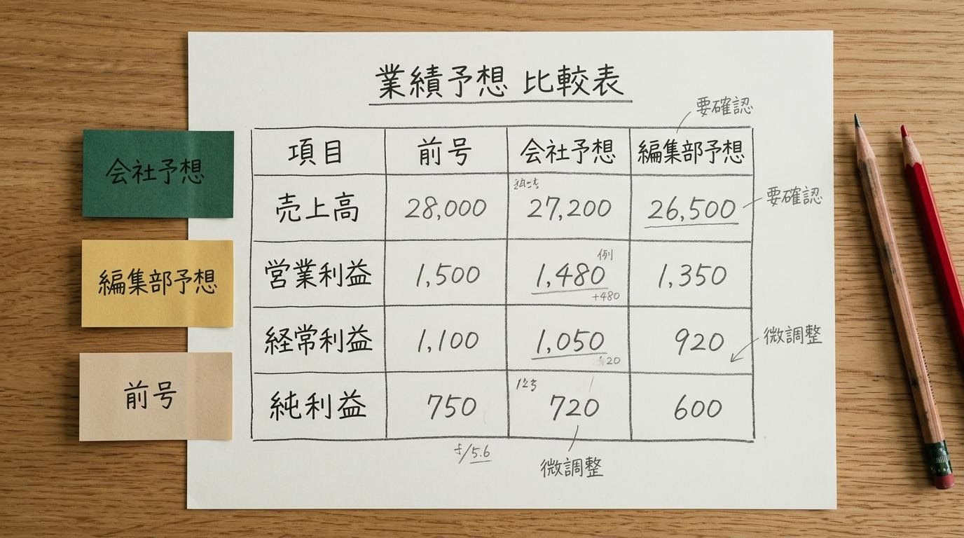 業績予想の数字を並べた表と付箋をデスクに広げた編集者の手元