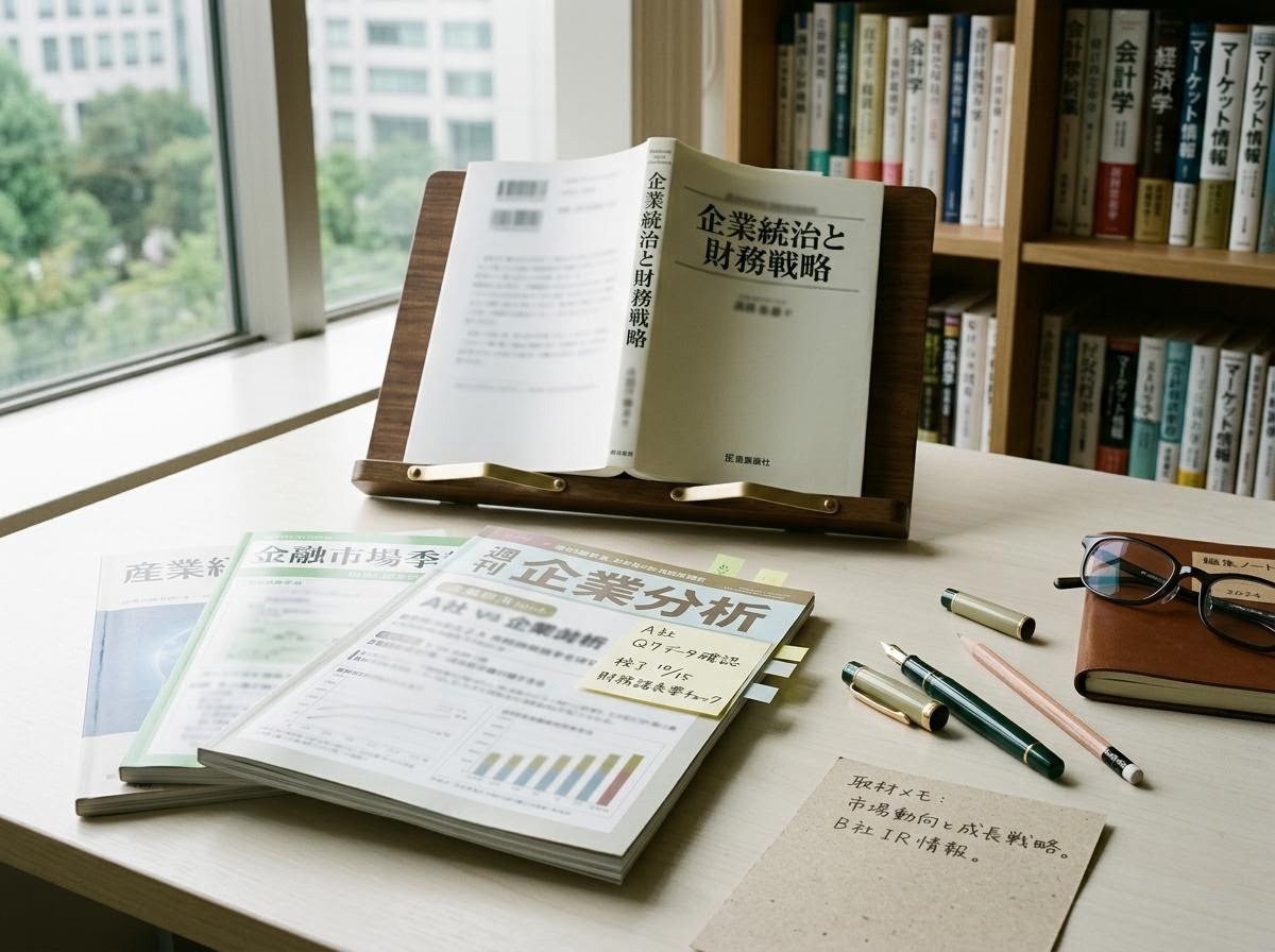 財務情報誌と手書きメモが並んだ編集者の作業机を上から撮影した写真