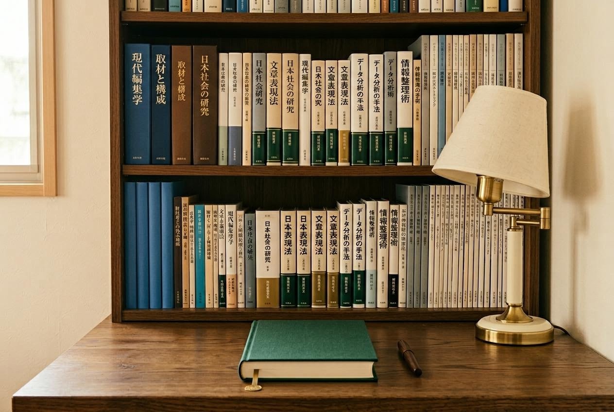 本棚と資料が並ぶ編集デスクのイメージ写真
