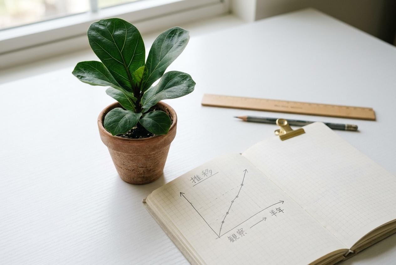 データチャートの横に置かれた若い植物の芽を撮影した静物写真