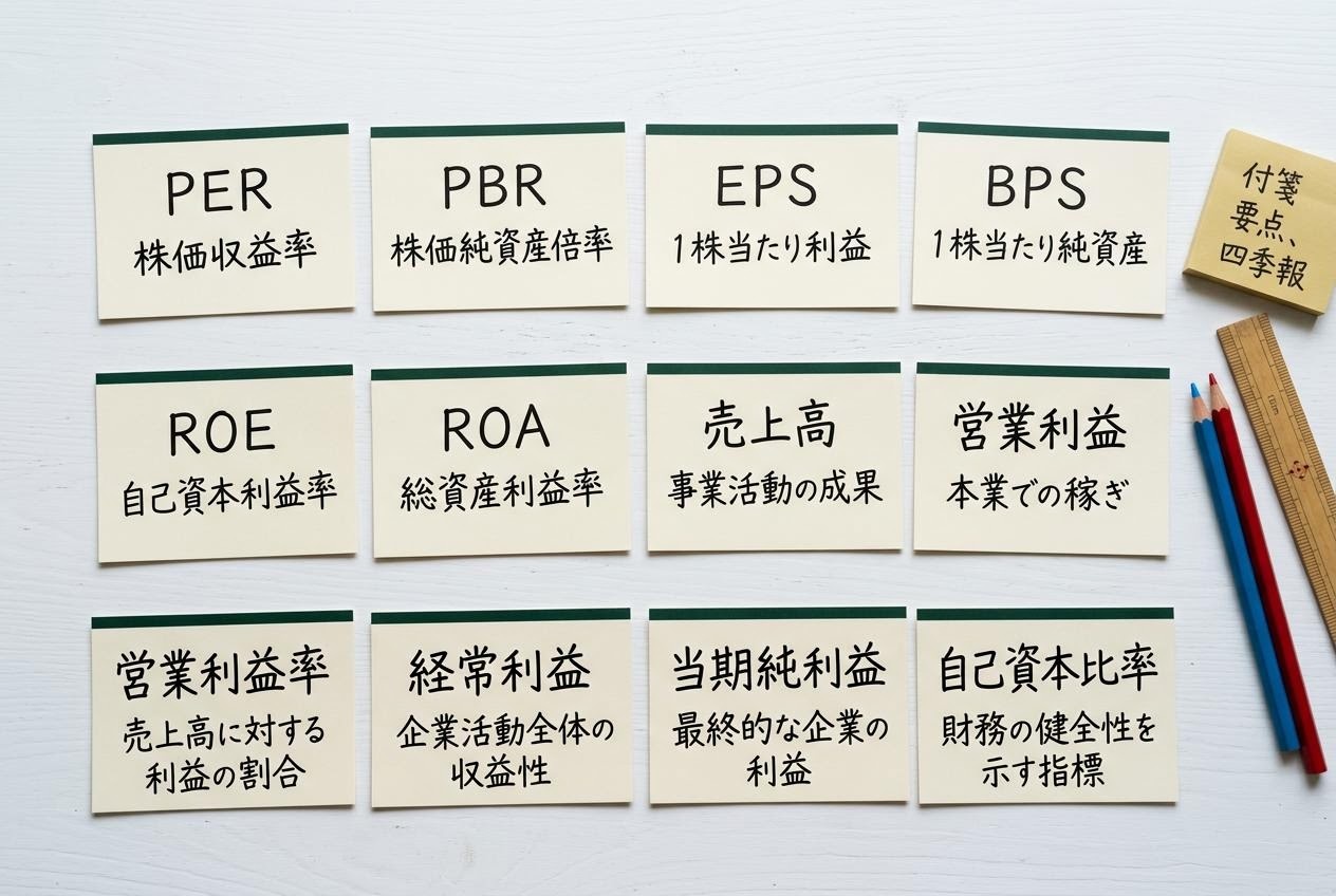 PERやPBRなどの語彙を手書きしたメモカードのセット