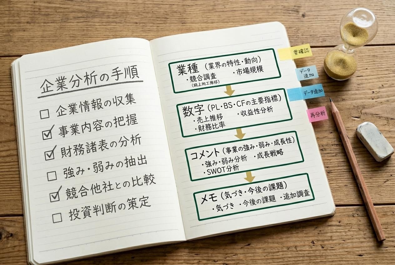 チェックリストと分析手順図を記した大きめのノート