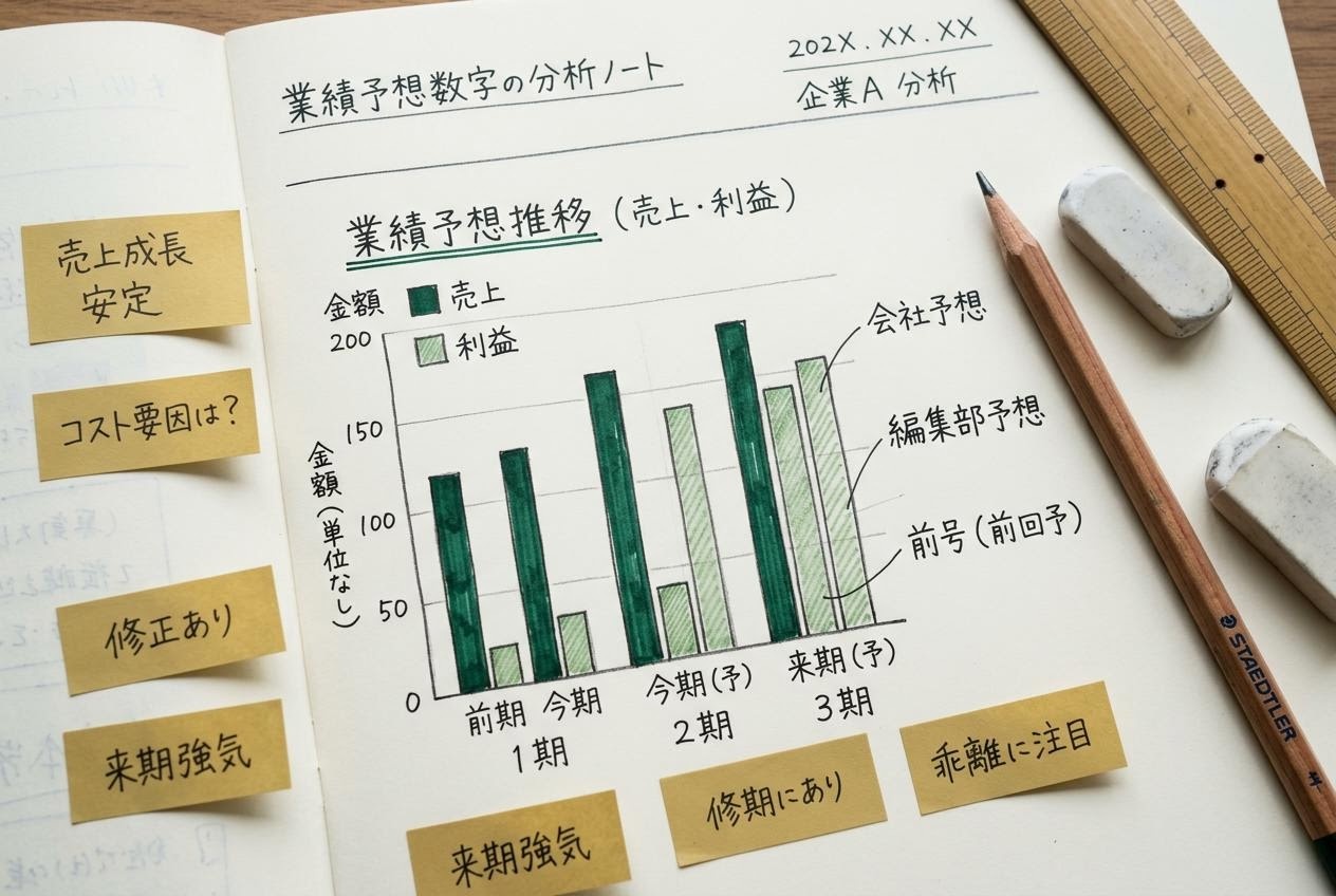 業績予想を手書きで整理した棒グラフとメモの作業机