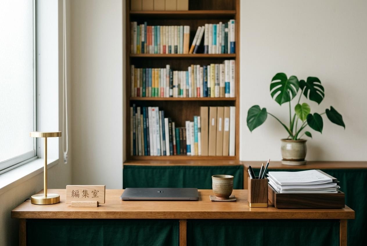 来訪者を迎える編集室の受付まわりを落ち着いた光で撮影した写真