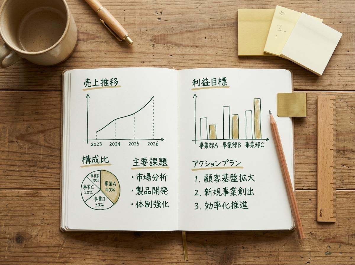 広げられたノートと手書きのデータグラフを上から撮影した編集写真